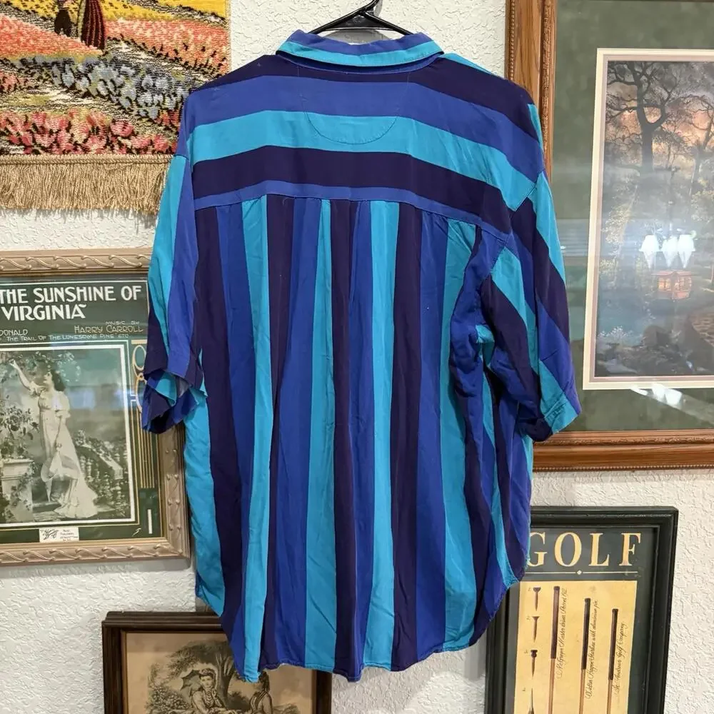 Vintage 80s RARE IOU Men's Striped Button Down Short Sleeve Blue Shirt‎ Size XL